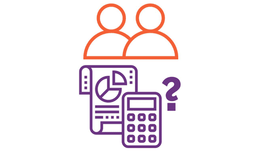 People graphic over a calculator and a spreadsheet with a question mark