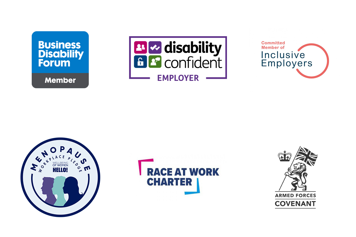 6 logos showing, Business disability forum member, disability confident employer, Inclusive employers member, Menopause workplace pledge, Race at work charter, Armed forces covenant.