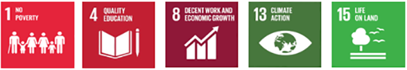United Nations Sustainable Development Goals - 1. Quality education, 4. Decent work and economic growth, 8. No poverty, 13. Climate action,15. Life on land